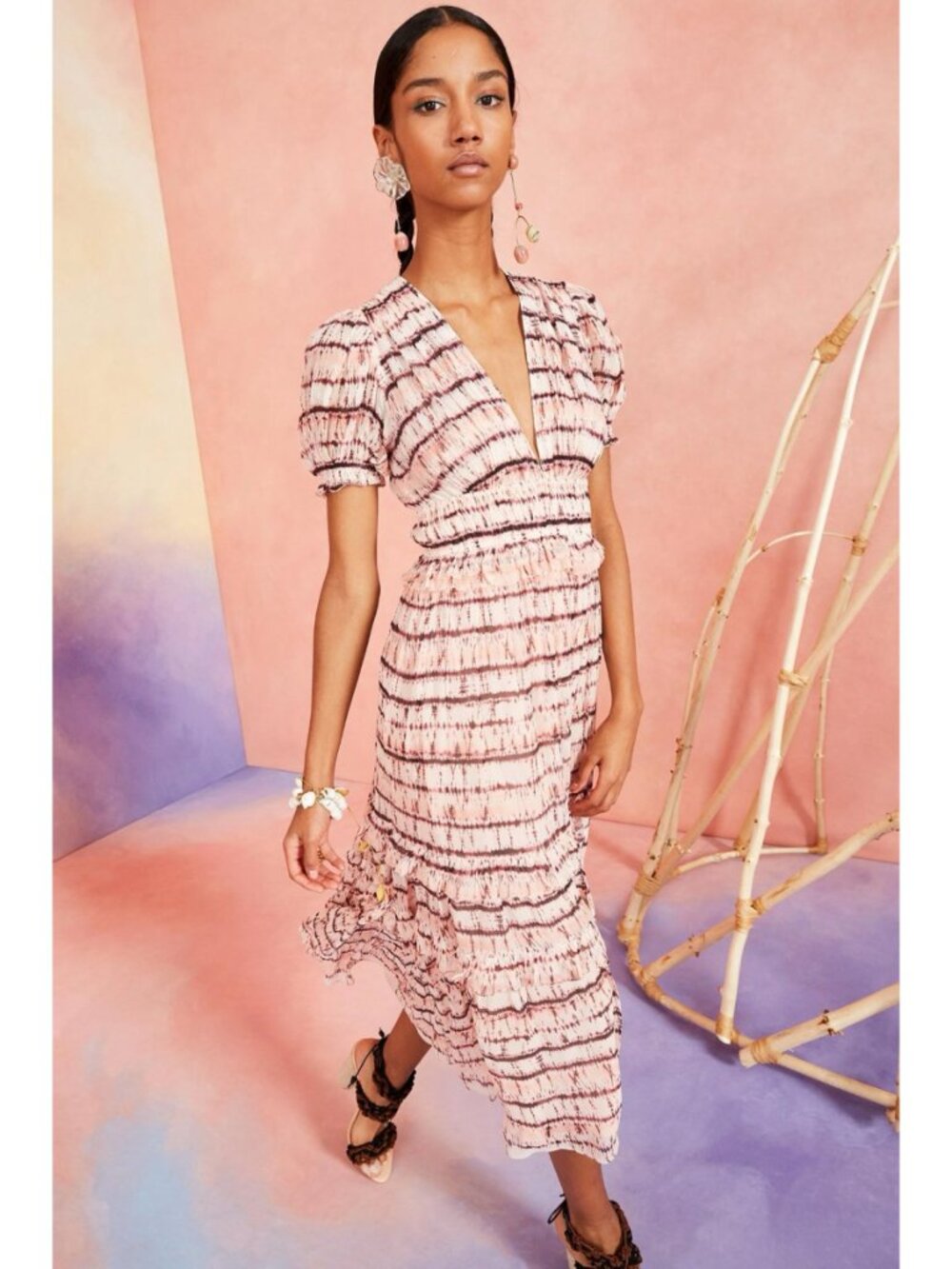 Ulla Johnson Elodie Blush Tie Dye Ruffled Silk Midi Dress